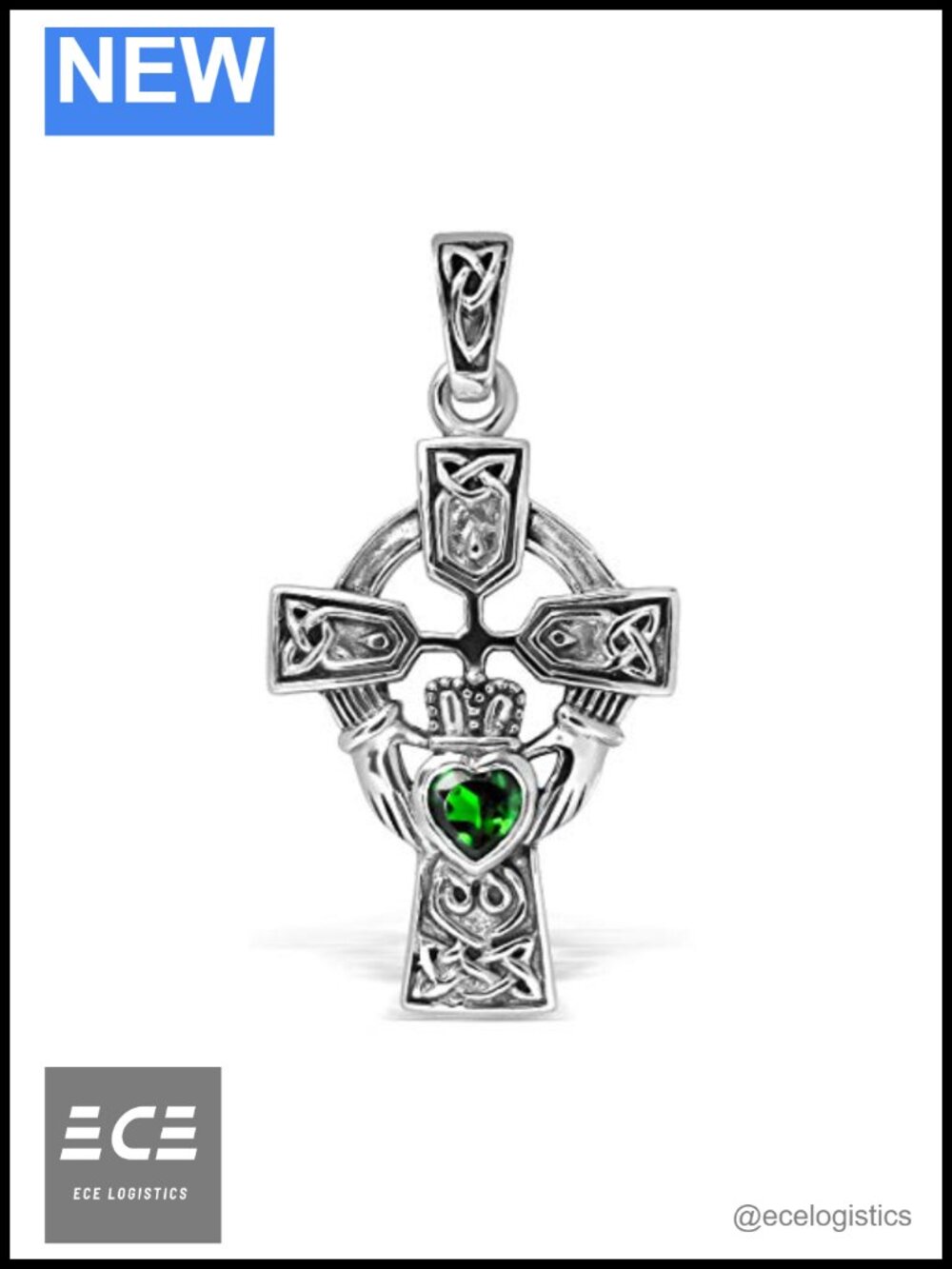 Sterling Silver 925 Celtic Cross Claddagh Heart Pendant Necklace